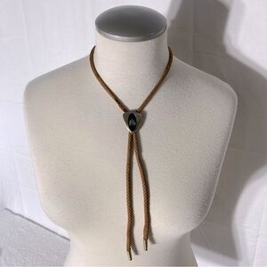 Vintage Handmade Brown Gold Tone Black Bolo Tie W Metal Tips